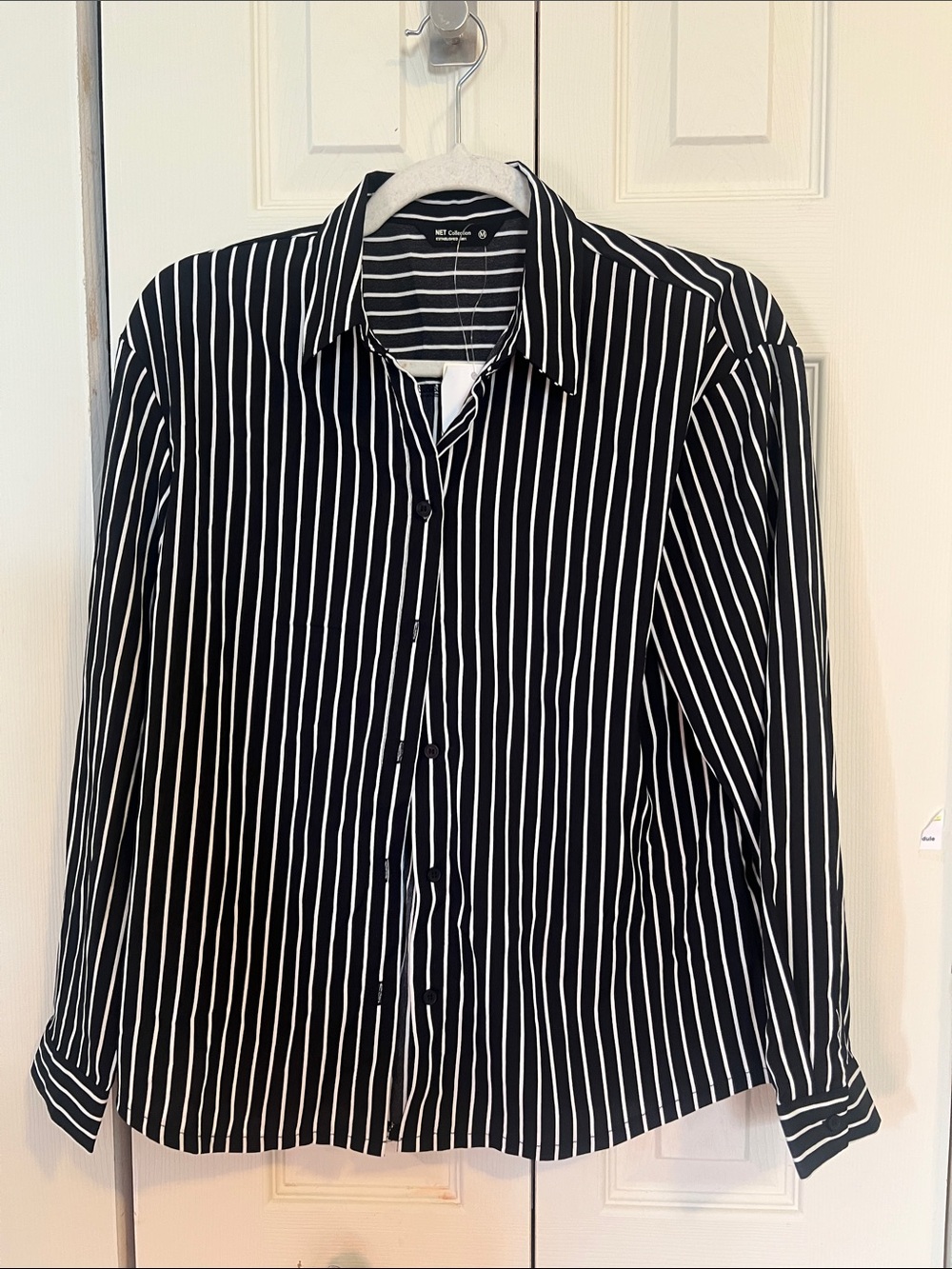 Women's Black & White Vertical Stripe Button-Up Shirt